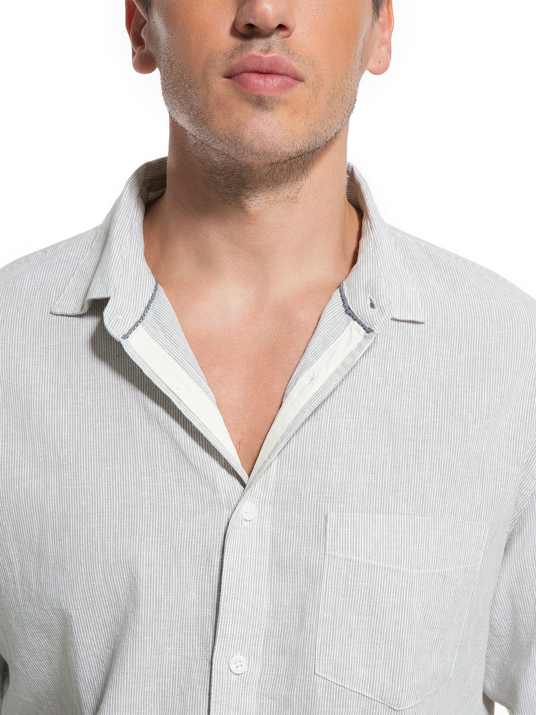 Jeanswest Men's Striped Linen Cotton Shirt | MSI-18332-01/03 Long Sleeve Button Down |Ink Green Stripe | Coastal Summer | 70% Cotton 30% Linen |