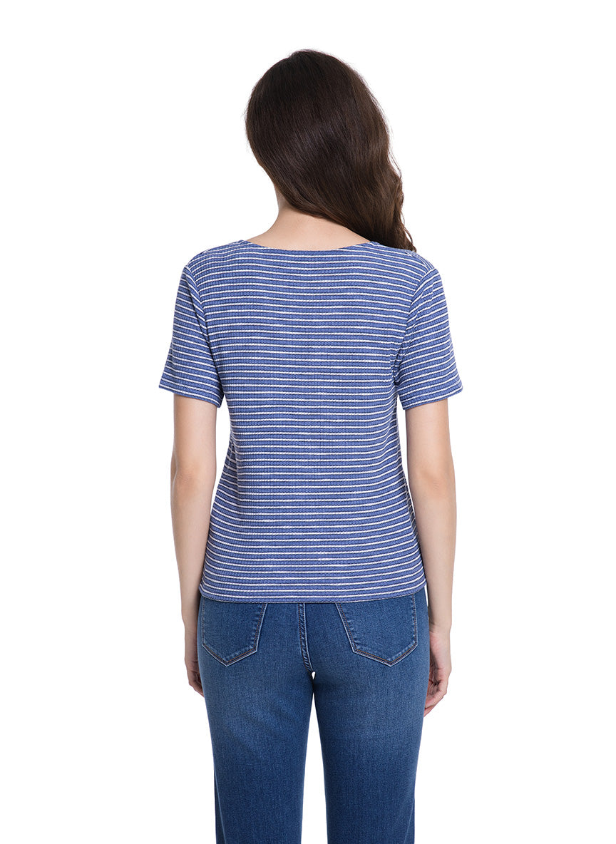 Jeanswest Women's Textured V-Neck Tee | WTO-18306 Short Sleeve Cotton Blend | Striped T-Shirt | Casual Friday