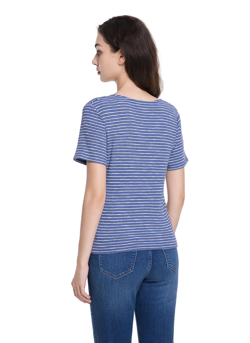 Jeanswest Women's Textured V-Neck Tee | WTO-18306 Short Sleeve Cotton Blend | Striped T-Shirt | Casual Friday
