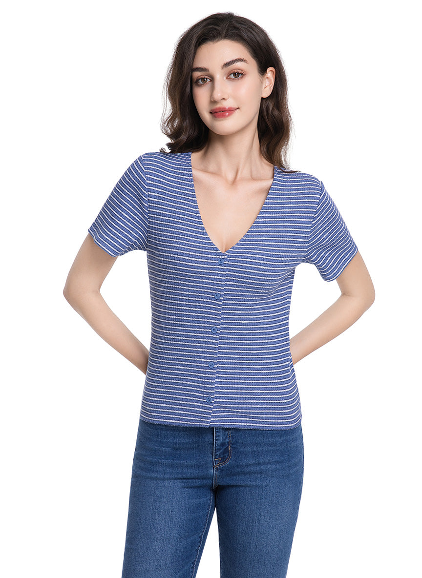 Jeanswest Women's Textured V-Neck Tee | WTO-18306 Short Sleeve Cotton Blend | Striped T-Shirt | Casual Friday