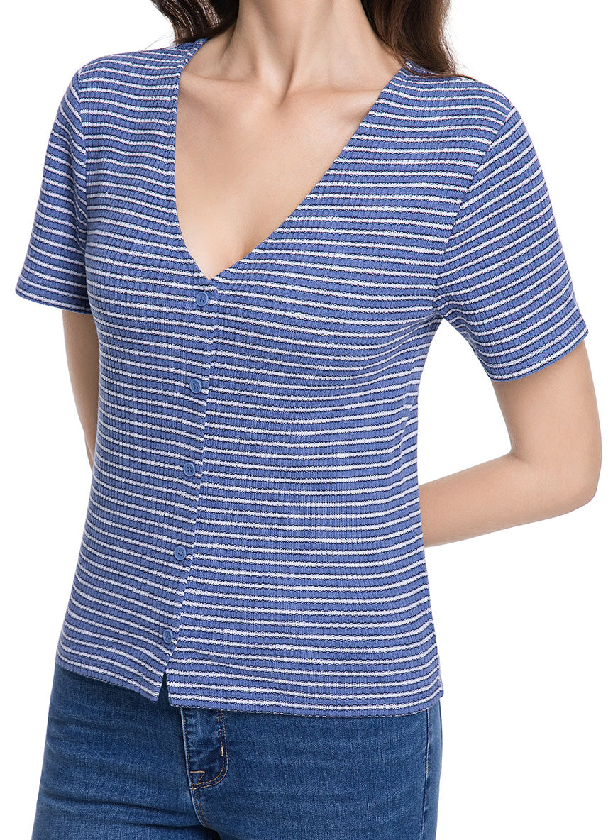 Jeanswest Women's Textured V-Neck Tee | WTO-18306 Short Sleeve Cotton Blend | Striped T-Shirt | Casual Friday