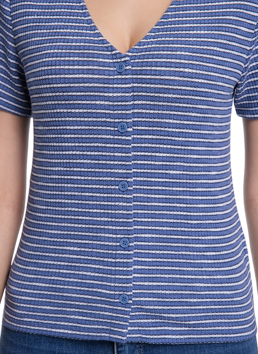 Jeanswest Women's Textured V-Neck Tee | WTO-18306 Short Sleeve Cotton Blend | Striped T-Shirt | Casual Friday