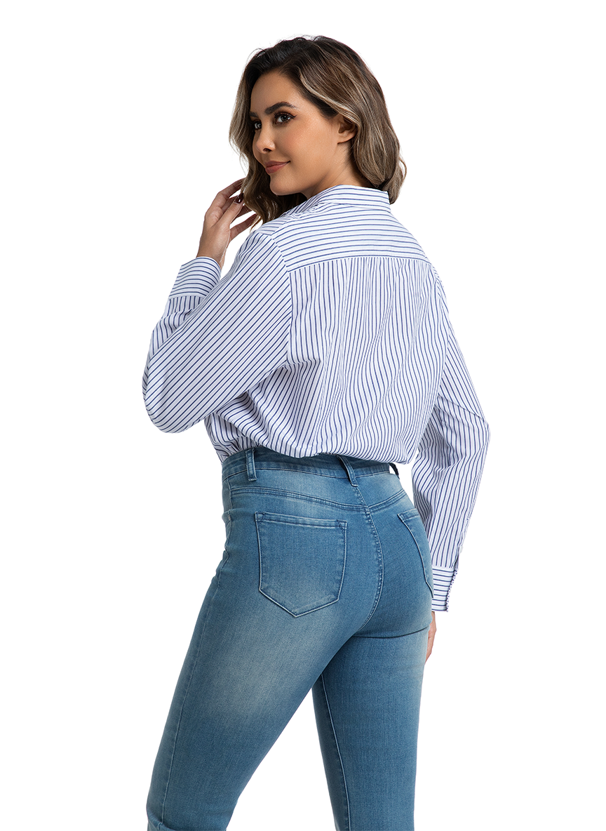 Jeanswest Women's Cotton Stripe Shirt |WSI-18416-01 Long Sleeve Button Down | Classic White Blue | Work Casual