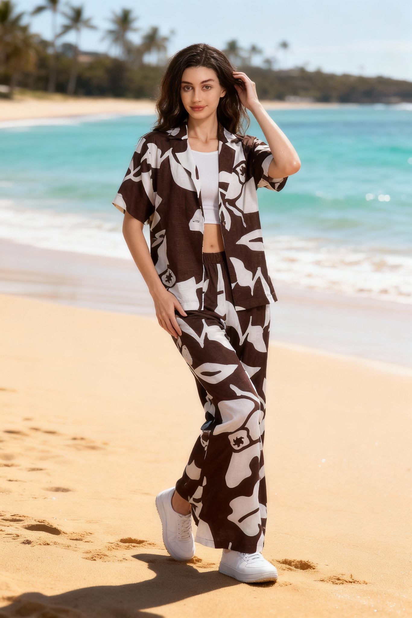 Jeanswest Women's Linen Blend Beach Shirt | WSI-18405-01 Abstract Print | Resort Wear | 55% Linen