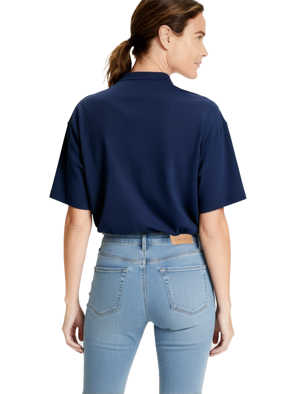 Jeanswest Women's 100% Cotton Crew Neck Tee | WTO-15646 Classic Short Sleeve T-Shirt | Navy White | Essential Basic |