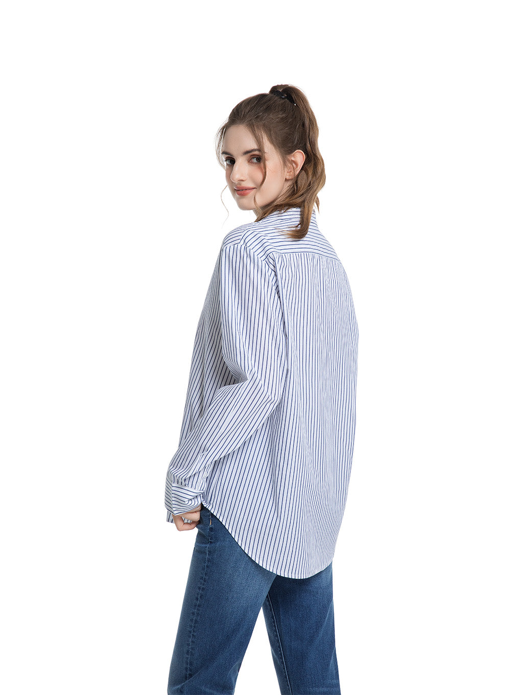 Jeanswest Women's Cotton Stripe Shirt |WSI-18416-01 Long Sleeve Button Down | Classic White Blue | Work Casual