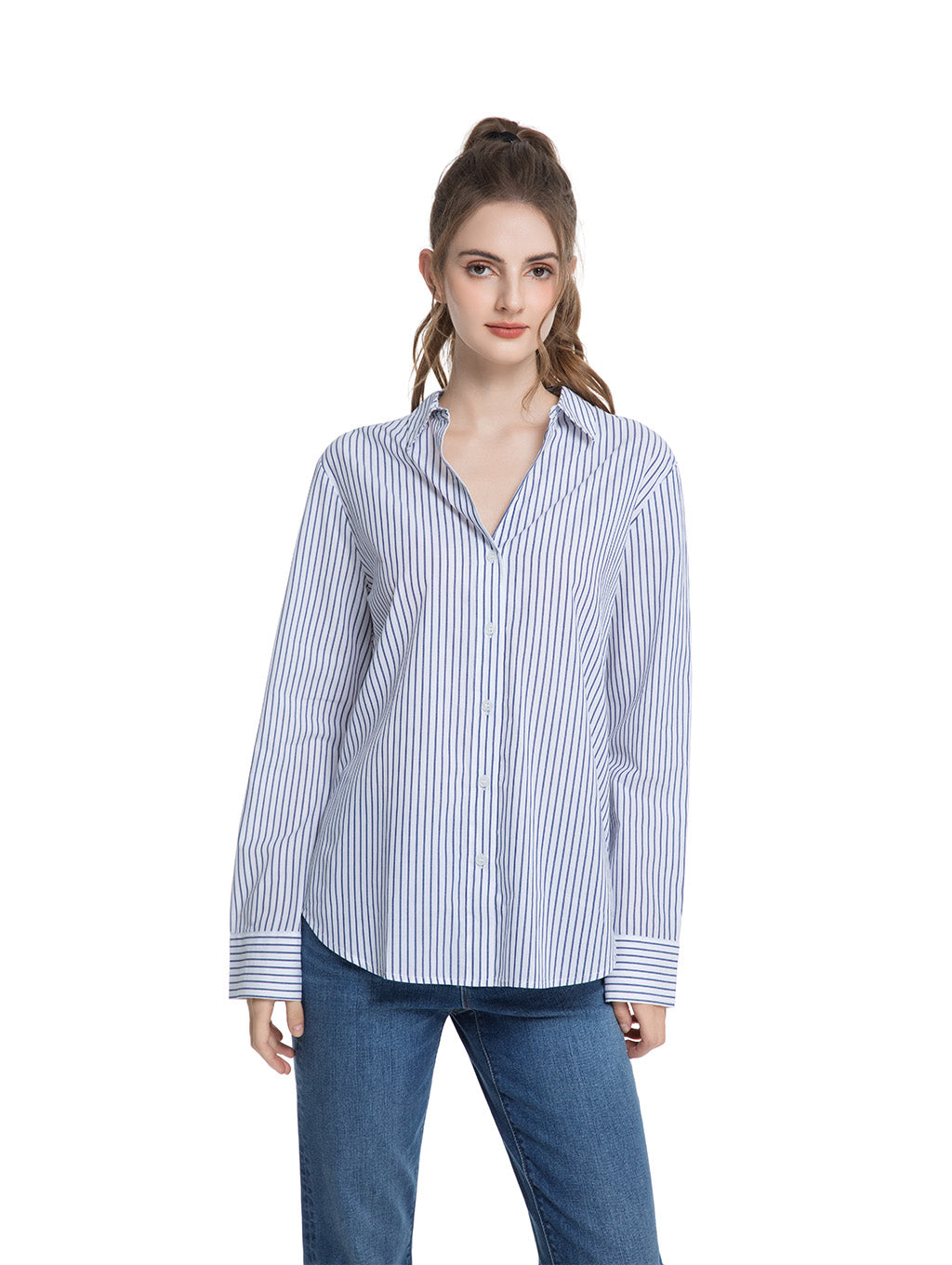 Jeanswest Women's Cotton Stripe Shirt |WSI-18416-01 Long Sleeve Button Down | Classic White Blue | Work Casual