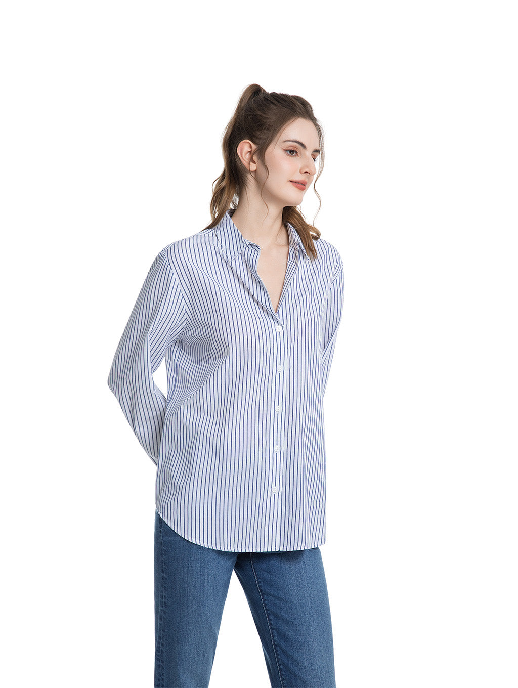 Jeanswest Women's Cotton Stripe Shirt |WSI-18416-01 Long Sleeve Button Down | Classic White Blue | Work Casual