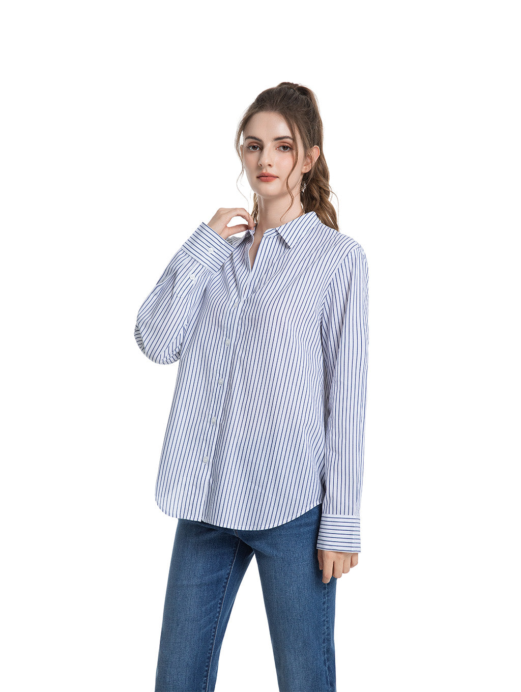 Jeanswest Women's Cotton Stripe Shirt |WSI-18416-01 Long Sleeve Button Down | Classic White Blue | Work Casual