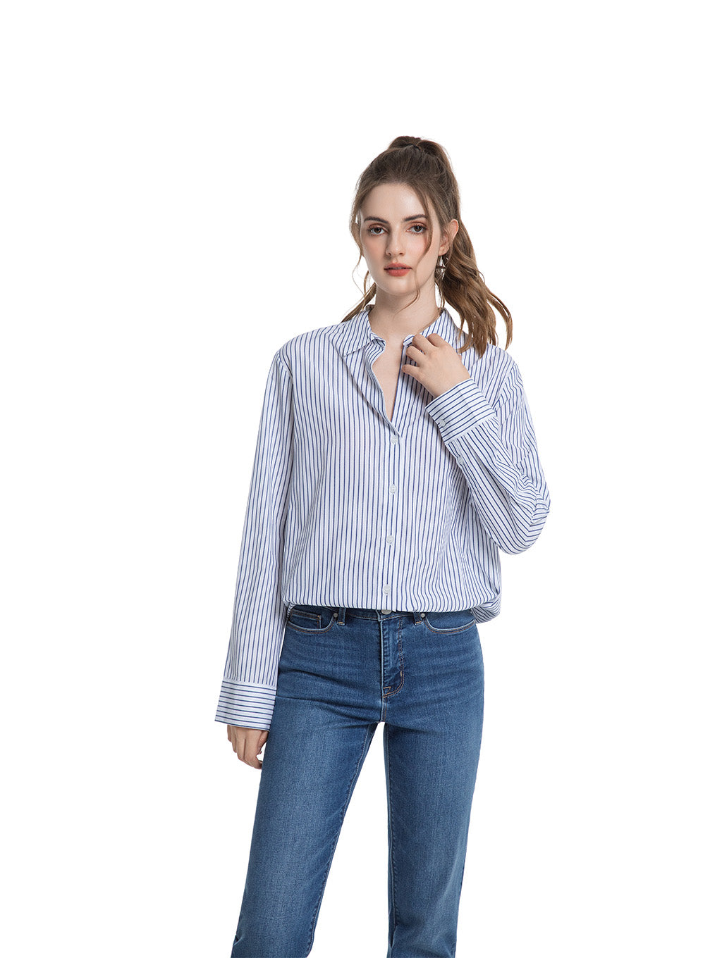 Jeanswest Women's Cotton Stripe Shirt |WSI-18416-01 Long Sleeve Button Down | Classic White Blue | Work Casual