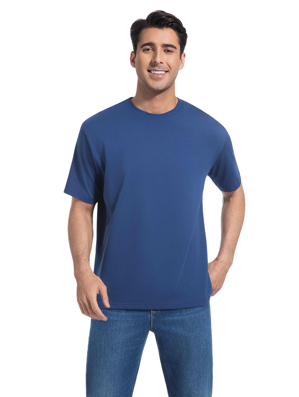 Jeanswest Men's 100% Cotton Crew Neck Tee | MUC-14711-03/17/15 Relaxed Fit Short Sleeve | Dusk Blue White Black | Basic T-Shirt |