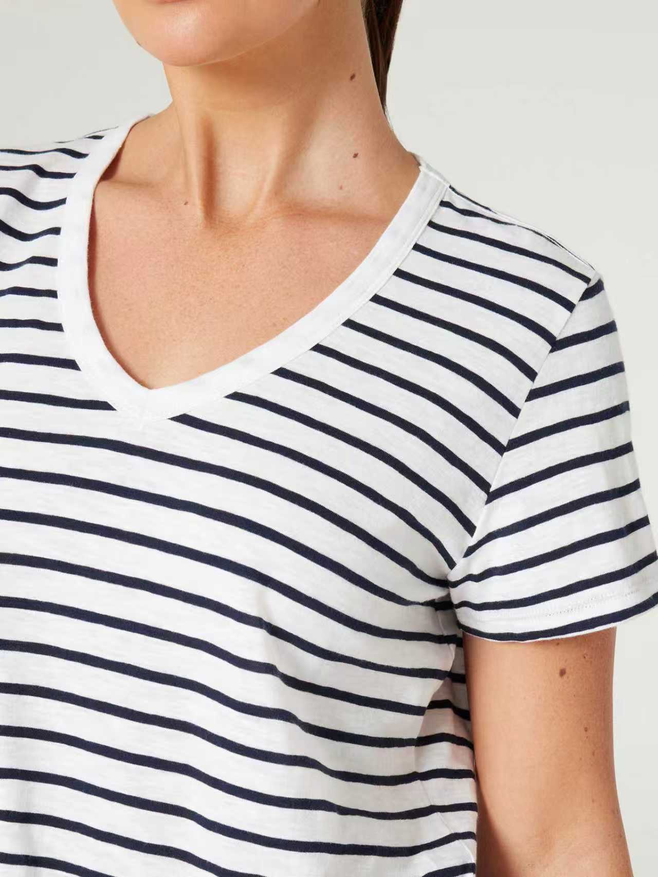 Jeanswest Women's 100% Cotton V-Neck Tee | WTO-14656 Short Sleeve T-Shirt | White Blue | Slub Texture Basic |