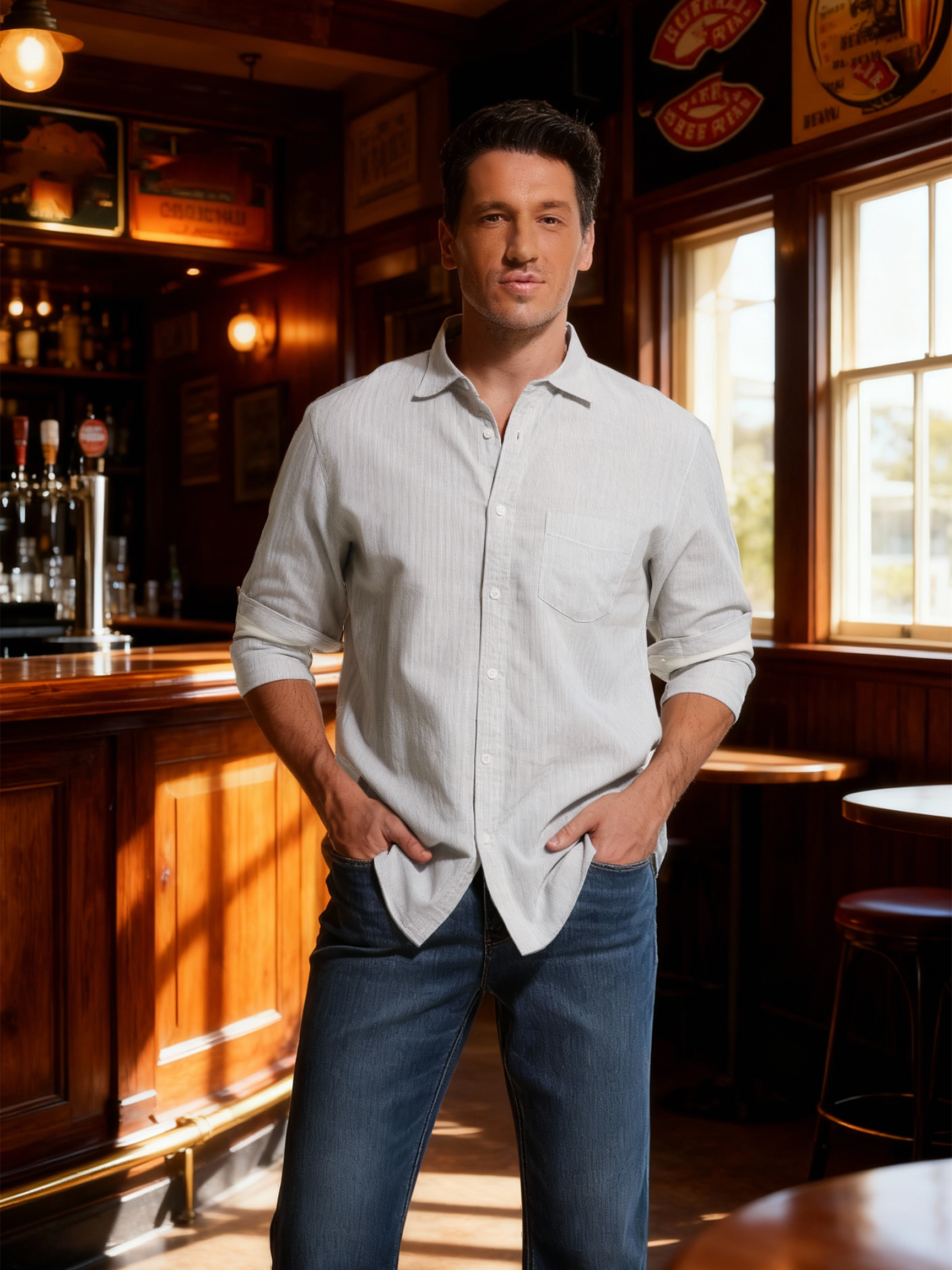 Jeanswest Men's Striped Linen Cotton Shirt | MSI-18332-01/03 Long Sleeve Button Down |Ink Green Stripe | Coastal Summer | 70% Cotton 30% Linen |