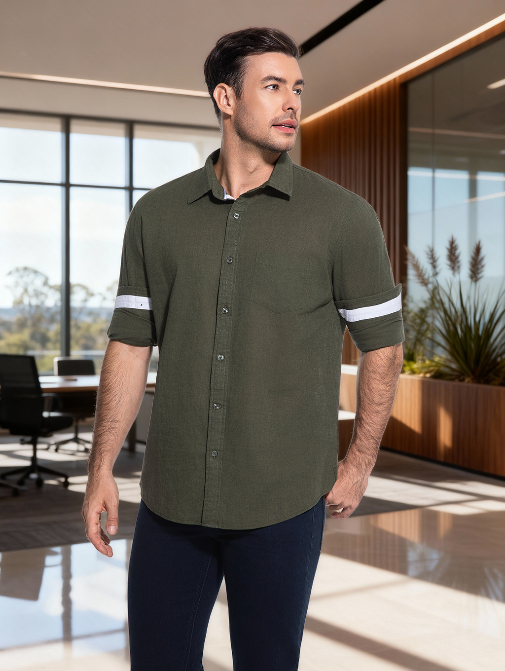 Jeanswest Men's Linen Cotton Blend Shirt |MSI-18331 Long Sleeve Button Down |Ivy Green | Casual Office | 70% Cotton 30% Linen |