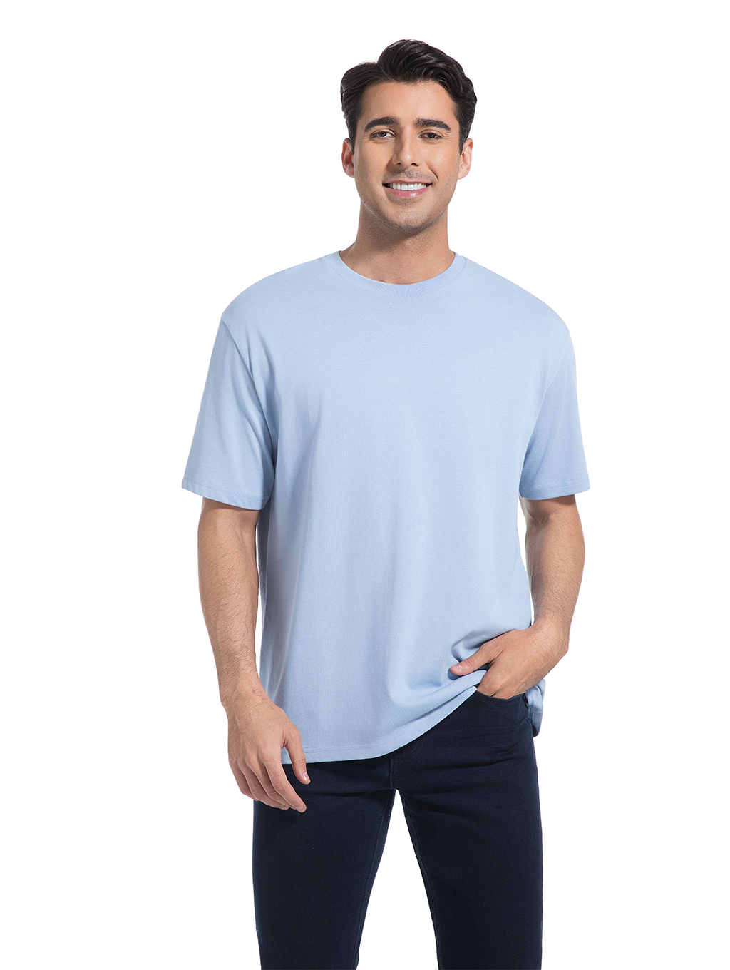 Jeanswest Men's 100% Cotton Crew Neck Tee | MUC-14711-03/17/15 Relaxed Fit Short Sleeve | Dusk Blue White Black | Basic T-Shirt |