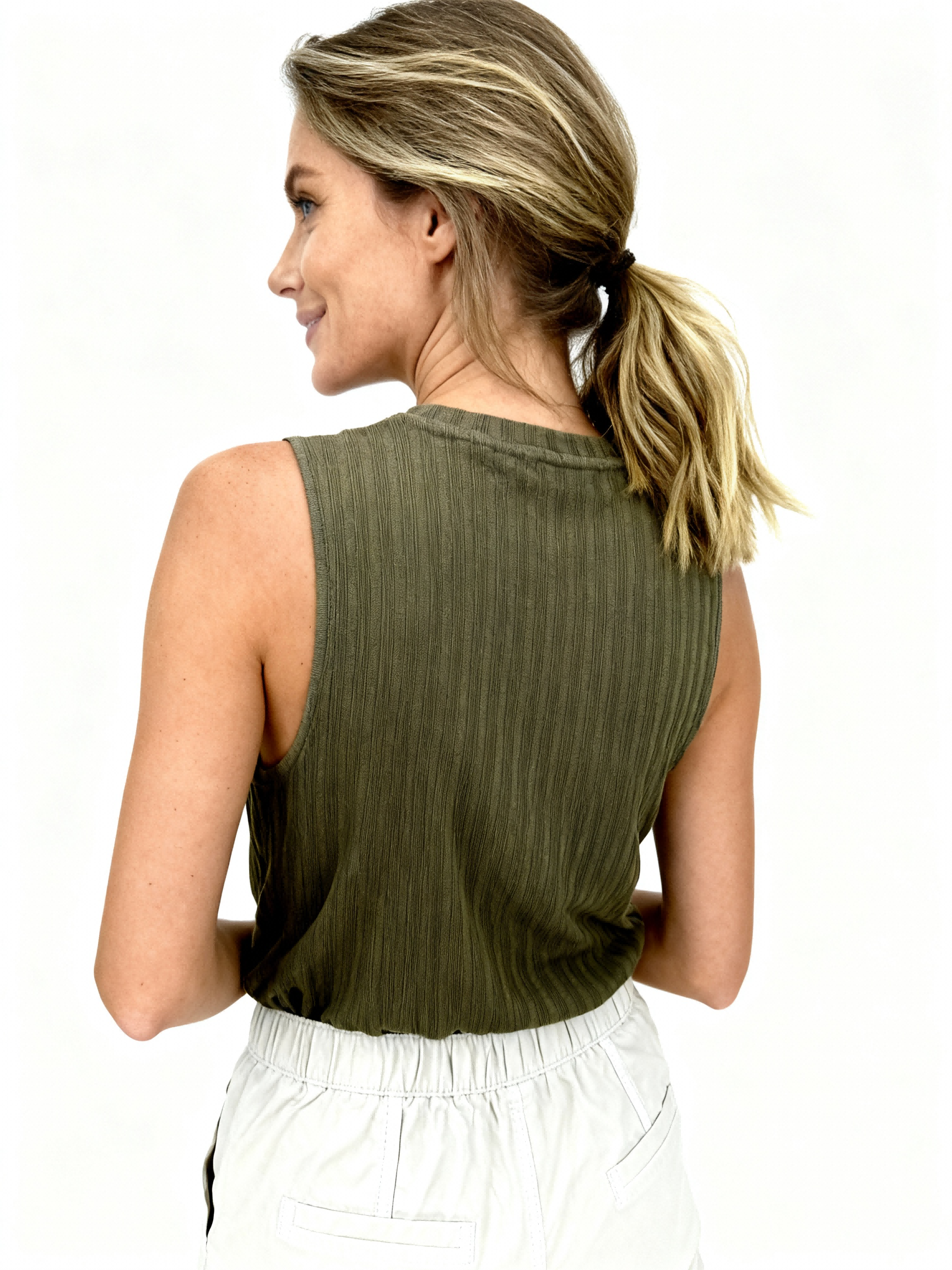 Jeanswest Women's Ribbed Tank Top | WTO-18099 Cotton Blend Sleeveless | Moss Green Layering Basic