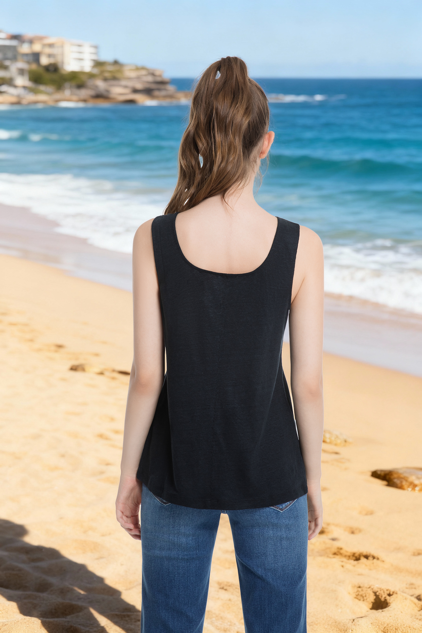 Jeanswest Women's Linen Tank Top | WTO-14516 100% Pure Flax | Black | Blue |AU