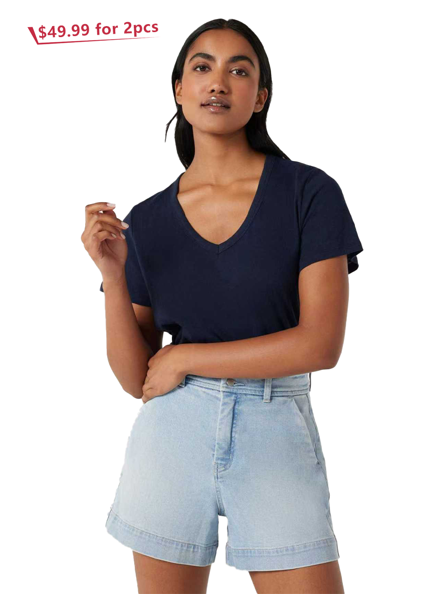 Jeanswest Women's 100% Cotton V-Neck Tee | WTO-14656 Short Sleeve T-Shirt | White Blue | Slub Texture Basic |