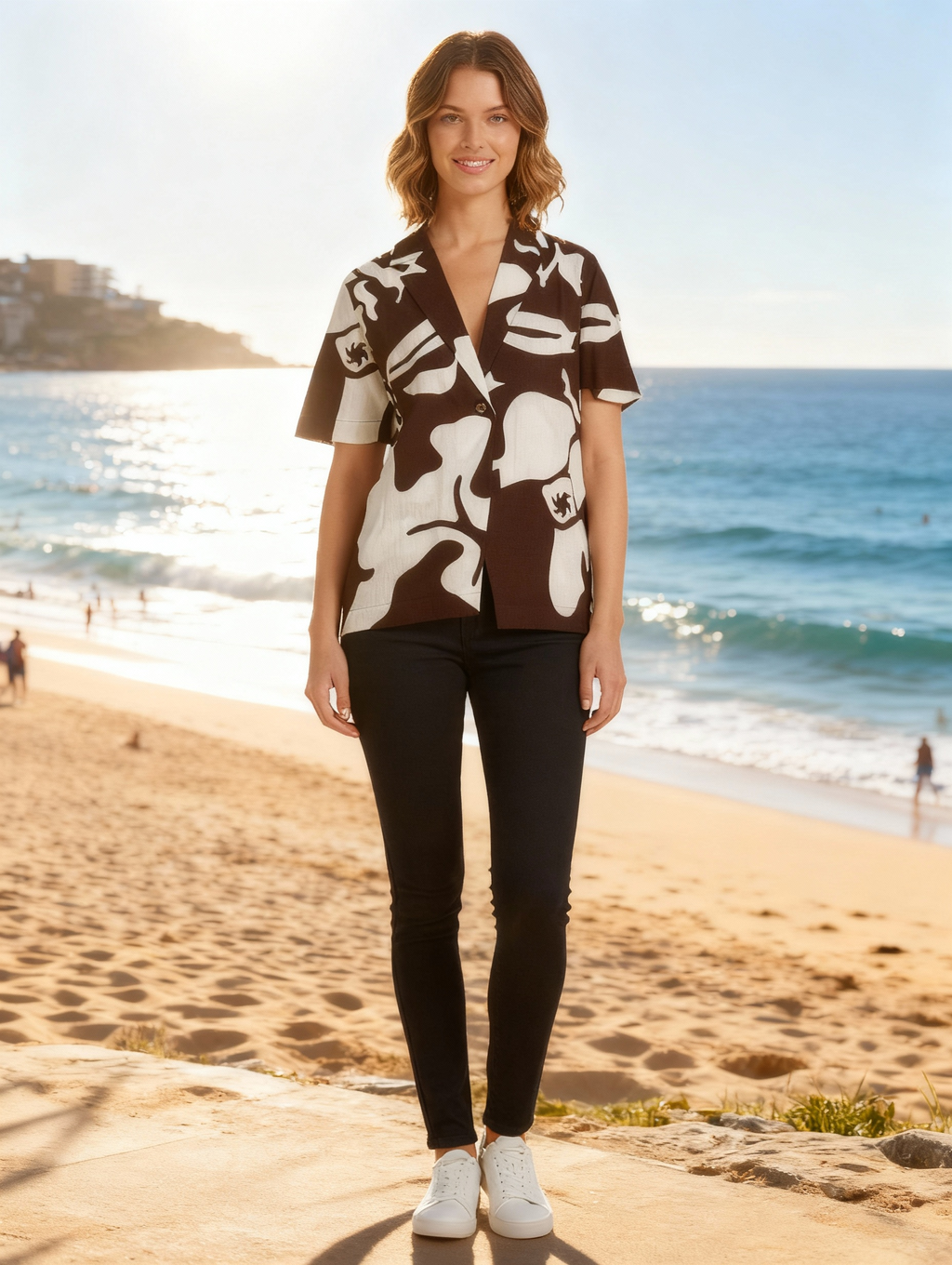 Jeanswest Women's Linen Blend Beach Shirt | WSI-18405-01 Abstract Print | Resort Wear | 55% Linen