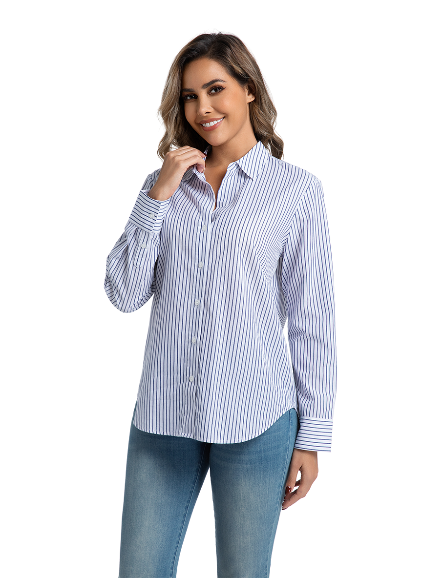 Jeanswest Women's Cotton Stripe Shirt |WSI-18416-01 Long Sleeve Button Down | Classic White Blue | Work Casual