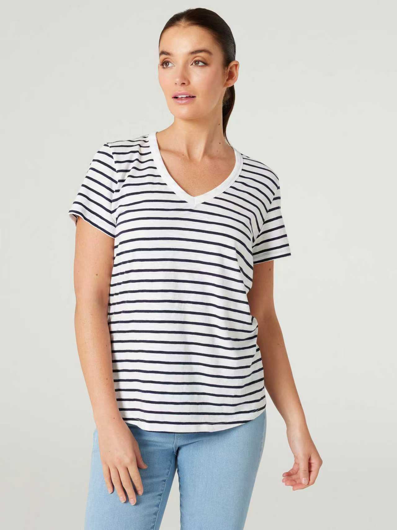 Jeanswest Women's 100% Cotton V-Neck Tee | WTO-14656 Short Sleeve T-Shirt | White Blue | Slub Texture Basic |