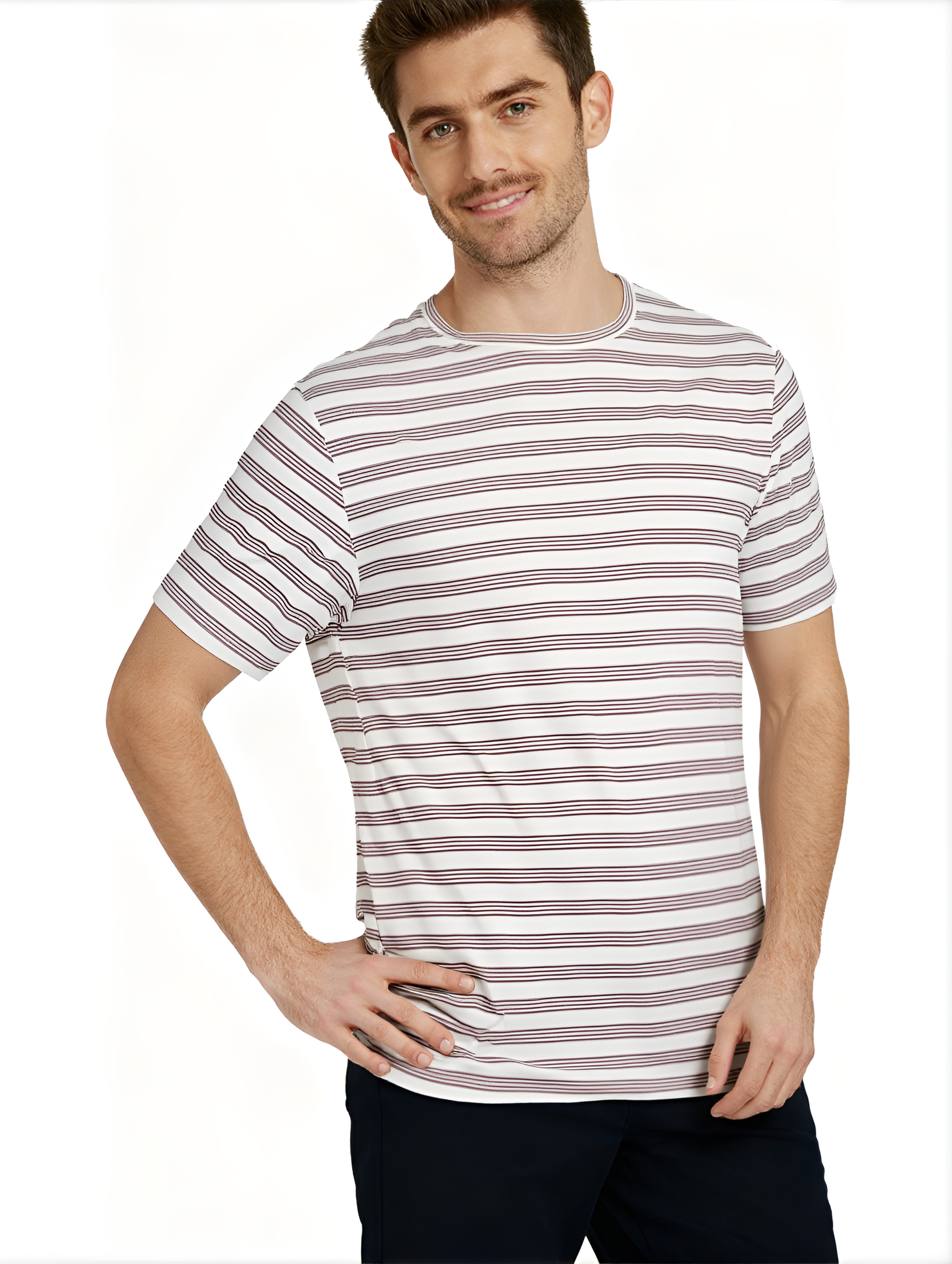 Jeanswest Men's Textured Stripe Cotton Tee | Stretch Crew Neck | Red Stripe T-Shirt | Casual Short Sleeve | MUC-18334