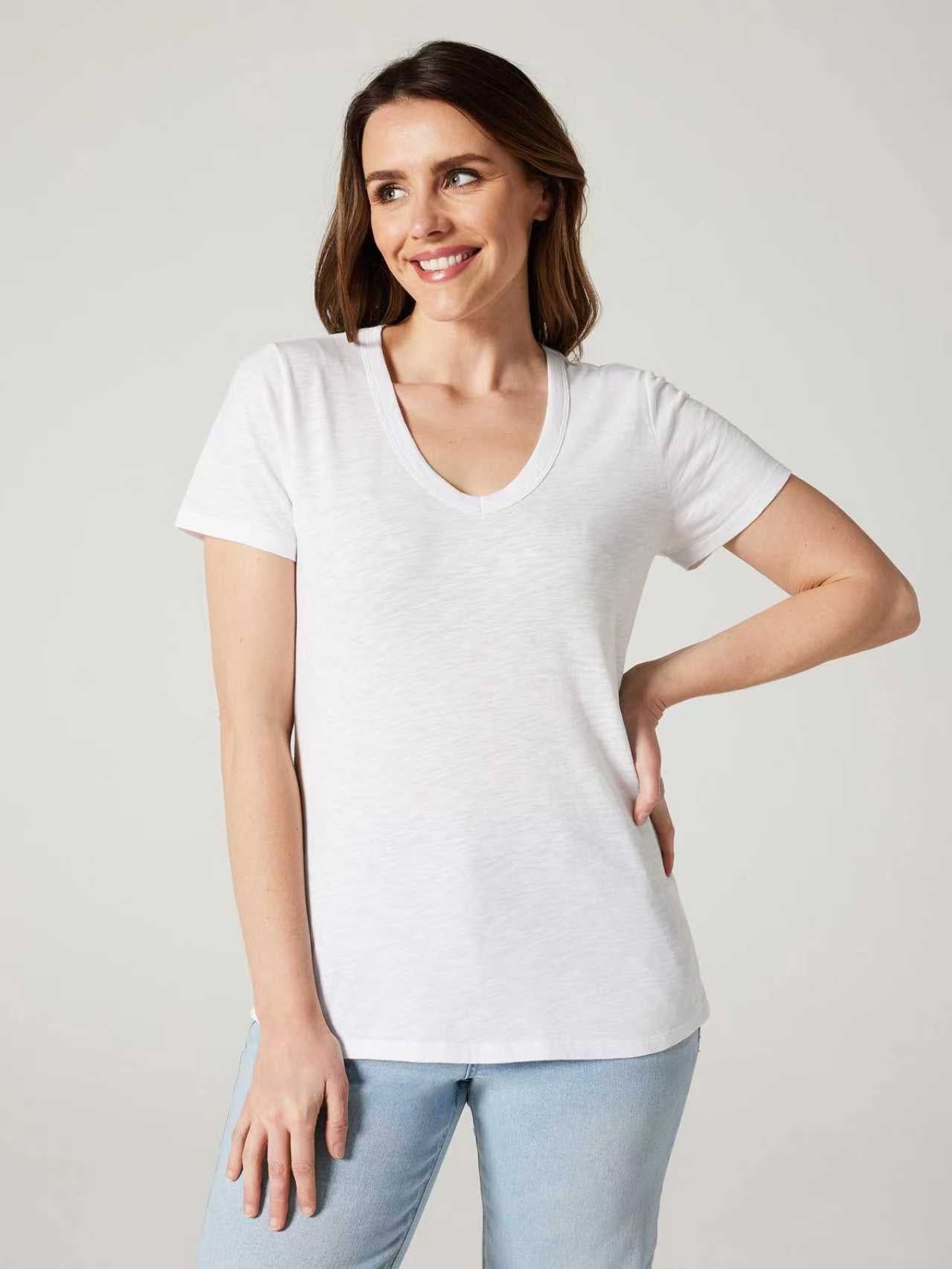 Jeanswest Women's 100% Cotton V-Neck Tee | WTO-14656 Short Sleeve T-Shirt | White Blue | Slub Texture Basic |