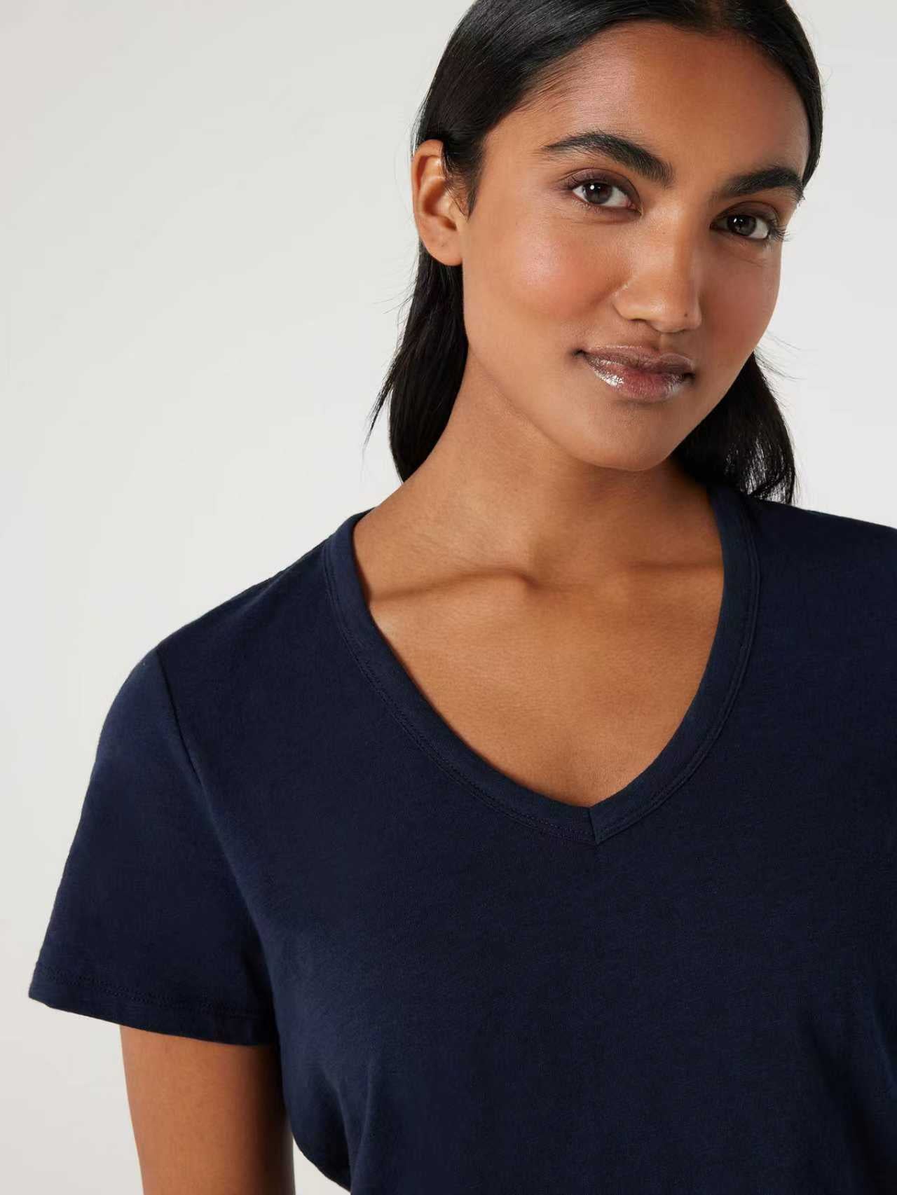 Jeanswest Women's 100% Cotton V-Neck Tee | WTO-14656 Short Sleeve T-Shirt | White Blue | Slub Texture Basic |