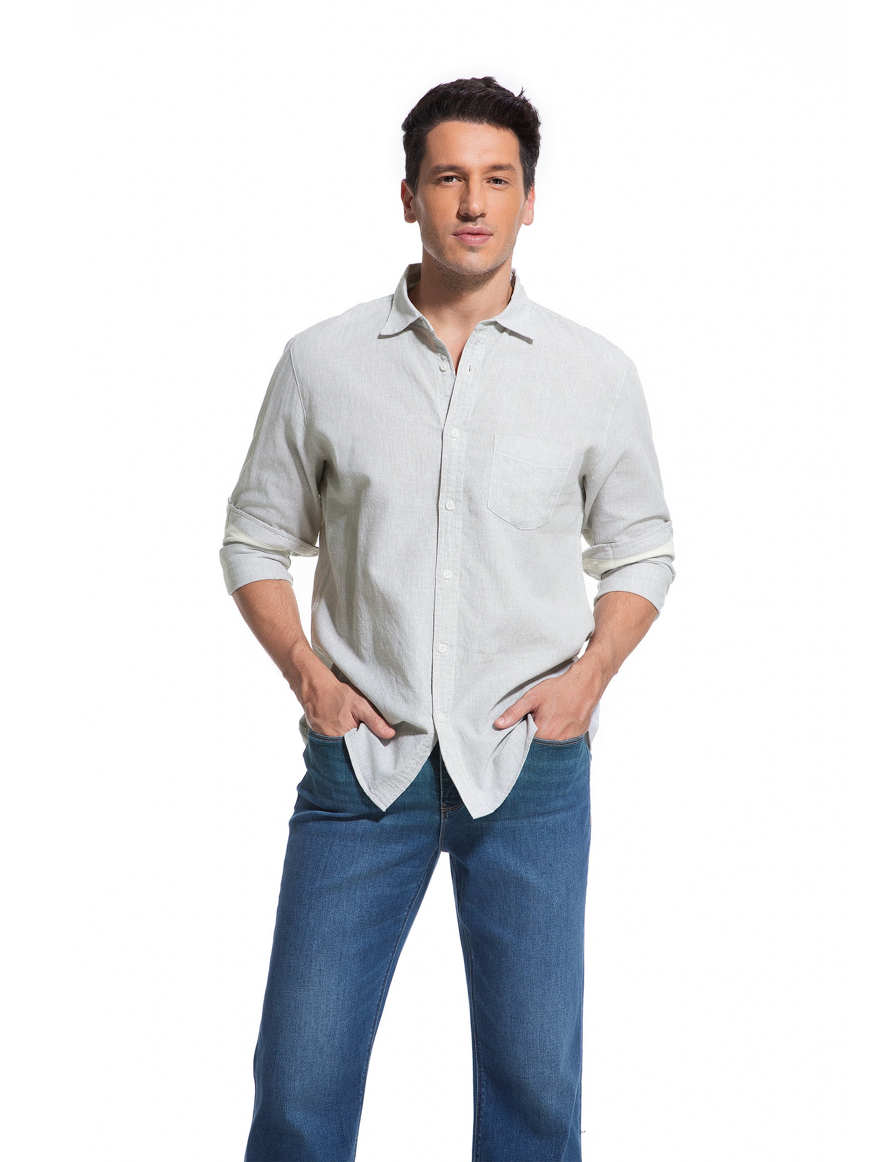 Jeanswest Men's Striped Linen Cotton Shirt | MSI-18332-01/03 Long Sleeve Button Down |Ink Green Stripe | Coastal Summer | 70% Cotton 30% Linen |