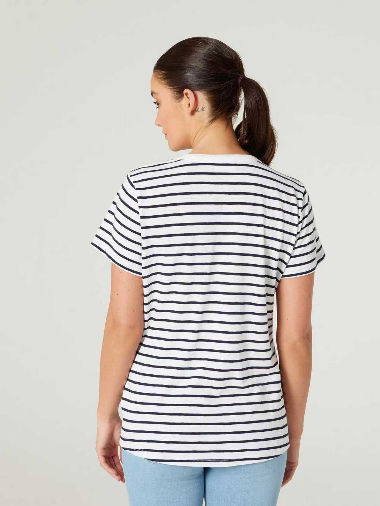 Jeanswest Women's 100% Cotton V-Neck Tee | WTO-14656 Short Sleeve T-Shirt | White Blue | Slub Texture Basic |