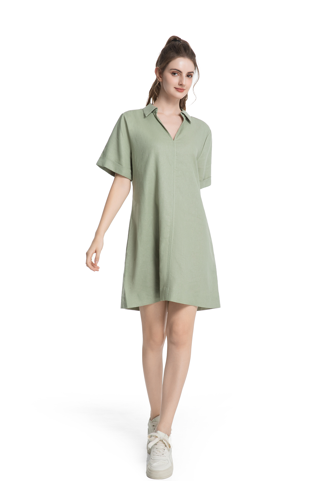 Jeanswest Women's Linen Shirt Dress | WDR-18409-02 Short Sleeve Knee Length | Sage Green Summer Dress | AU |
