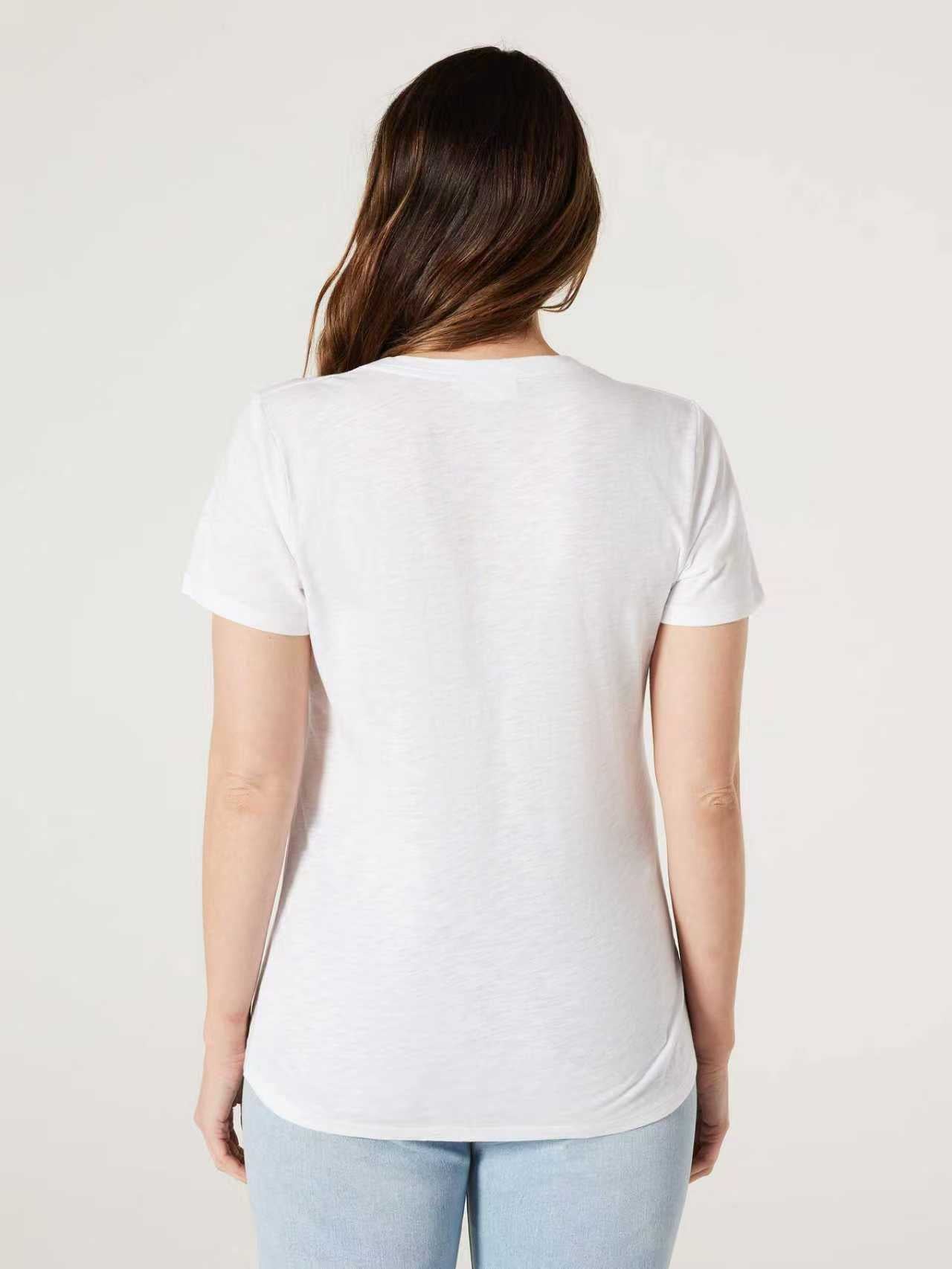 Jeanswest Women's 100% Cotton V-Neck Tee | WTO-14656 Short Sleeve T-Shirt | White Blue | Slub Texture Basic |