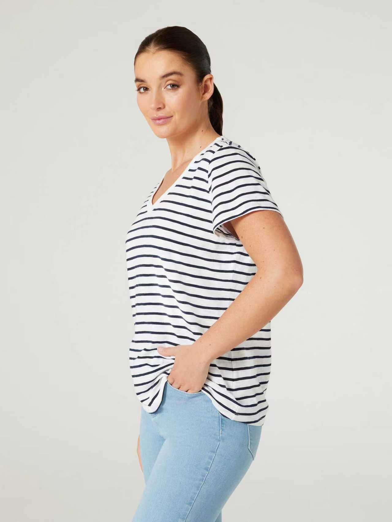 Jeanswest Women's 100% Cotton V-Neck Tee | WTO-14656 Short Sleeve T-Shirt | White Blue | Slub Texture Basic |