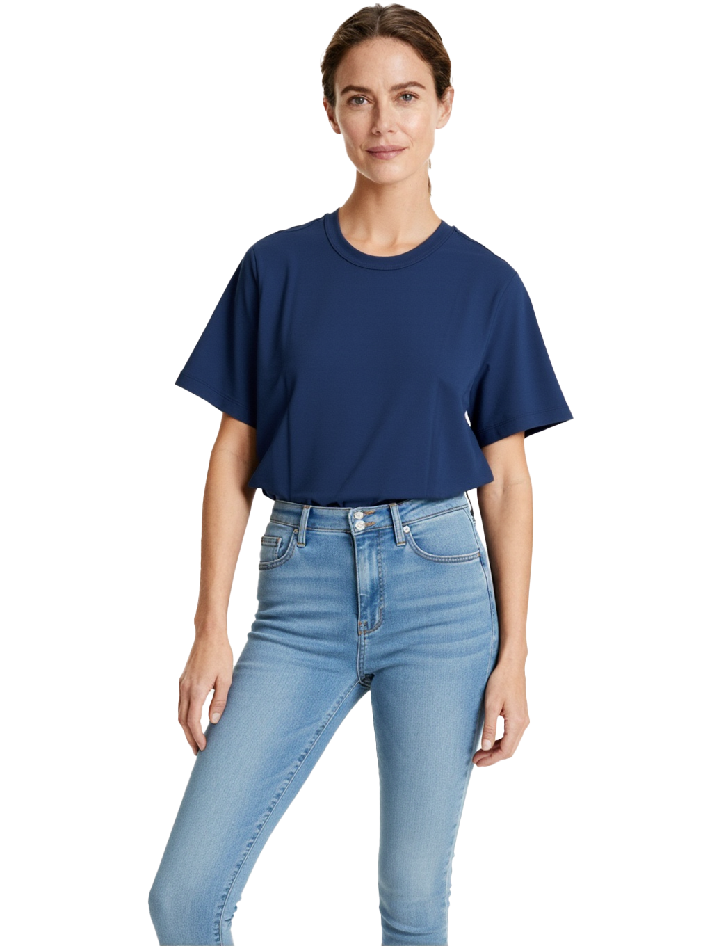 Jeanswest Women's 100% Cotton Crew Neck Tee | WTO-15646 Classic Short Sleeve T-Shirt | Navy White | Essential Basic |