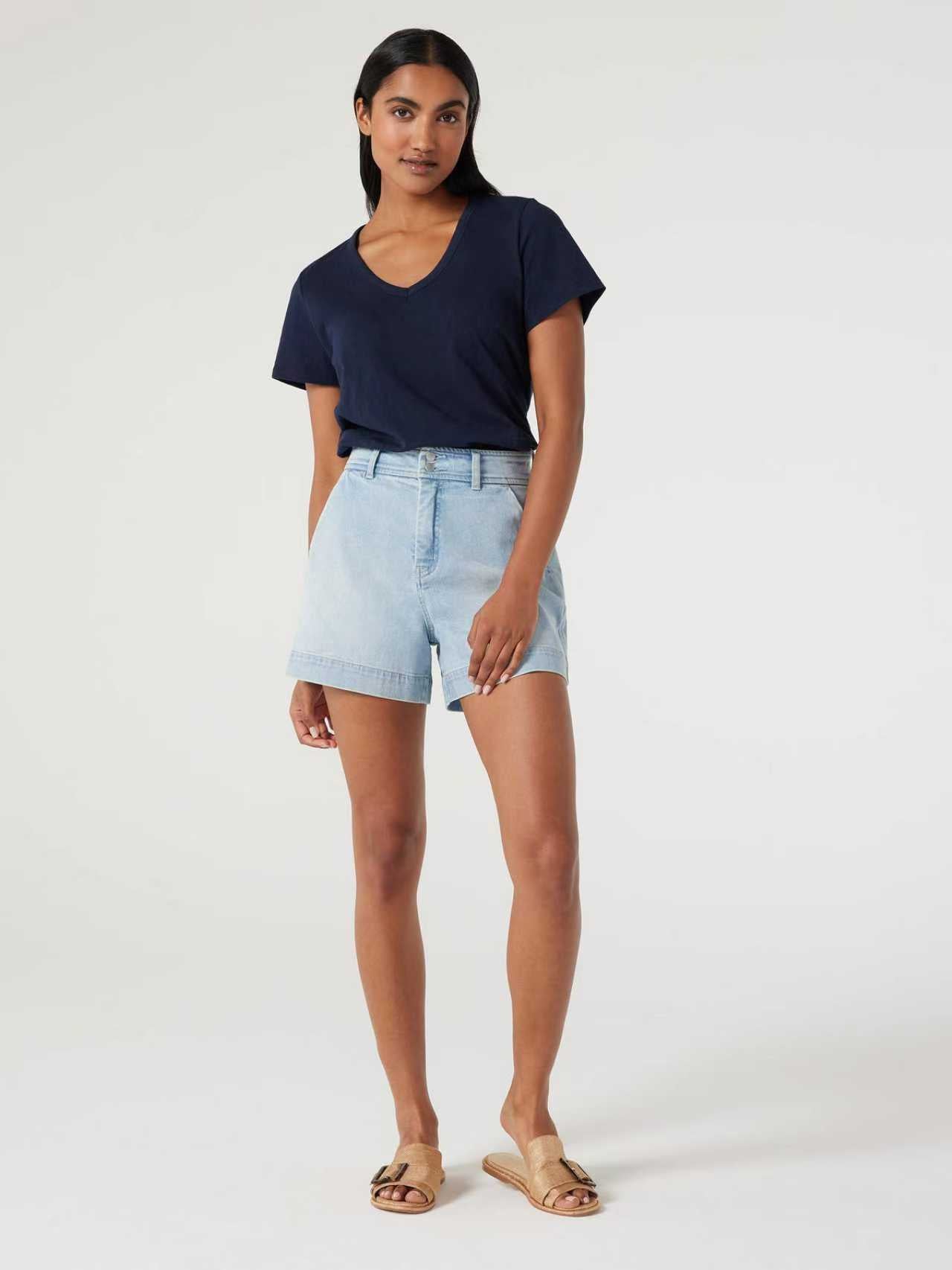 Jeanswest Women's 100% Cotton V-Neck Tee | WTO-14656 Short Sleeve T-Shirt | White Blue | Slub Texture Basic |