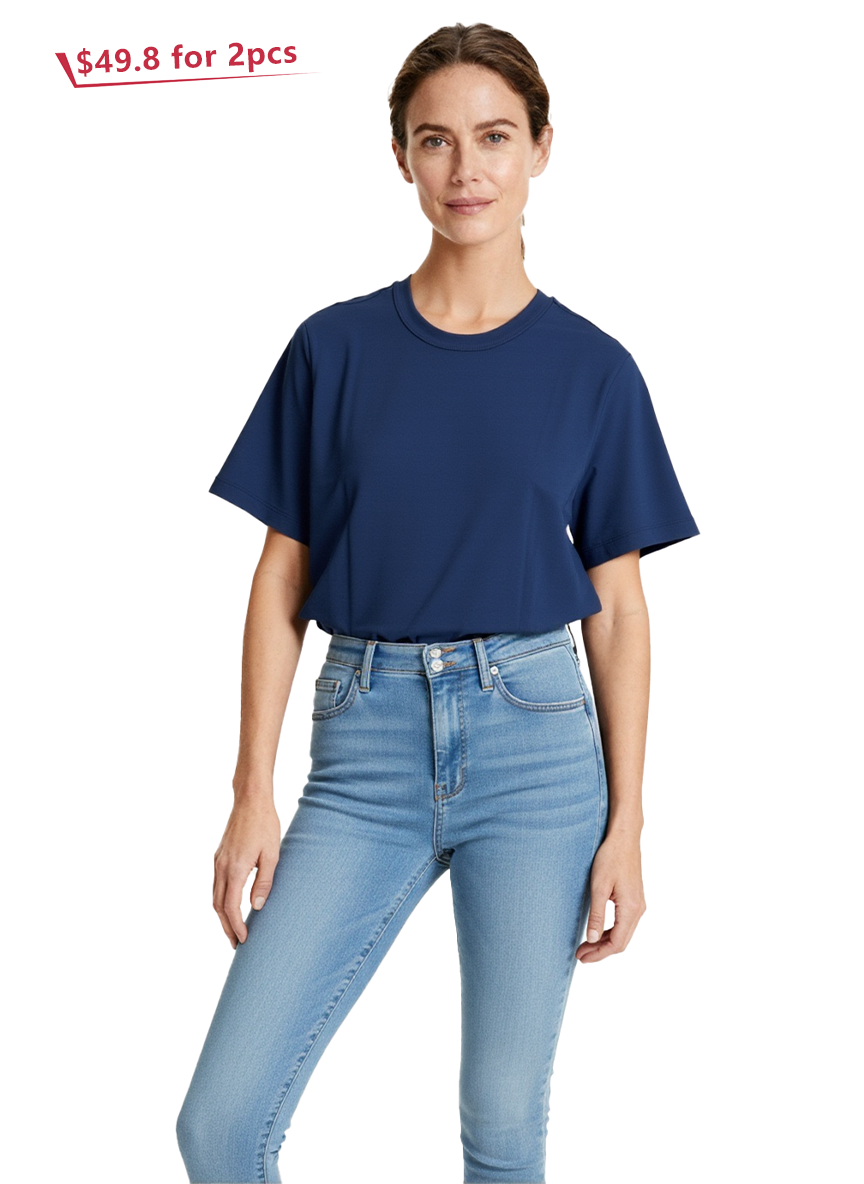 Jeanswest Women's 100% Cotton Crew Neck Tee | WTO-15646 Classic Short Sleeve T-Shirt | Navy White | Essential Basic |