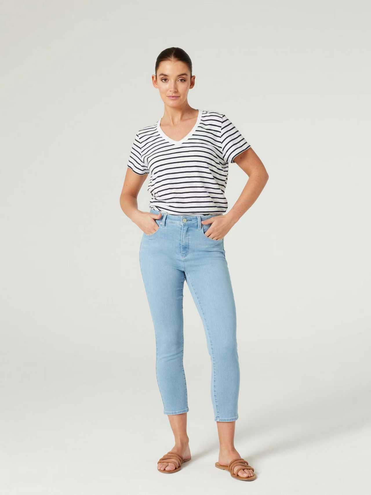 Jeanswest Women's 100% Cotton V-Neck Tee | WTO-14656 Short Sleeve T-Shirt | White Blue | Slub Texture Basic |