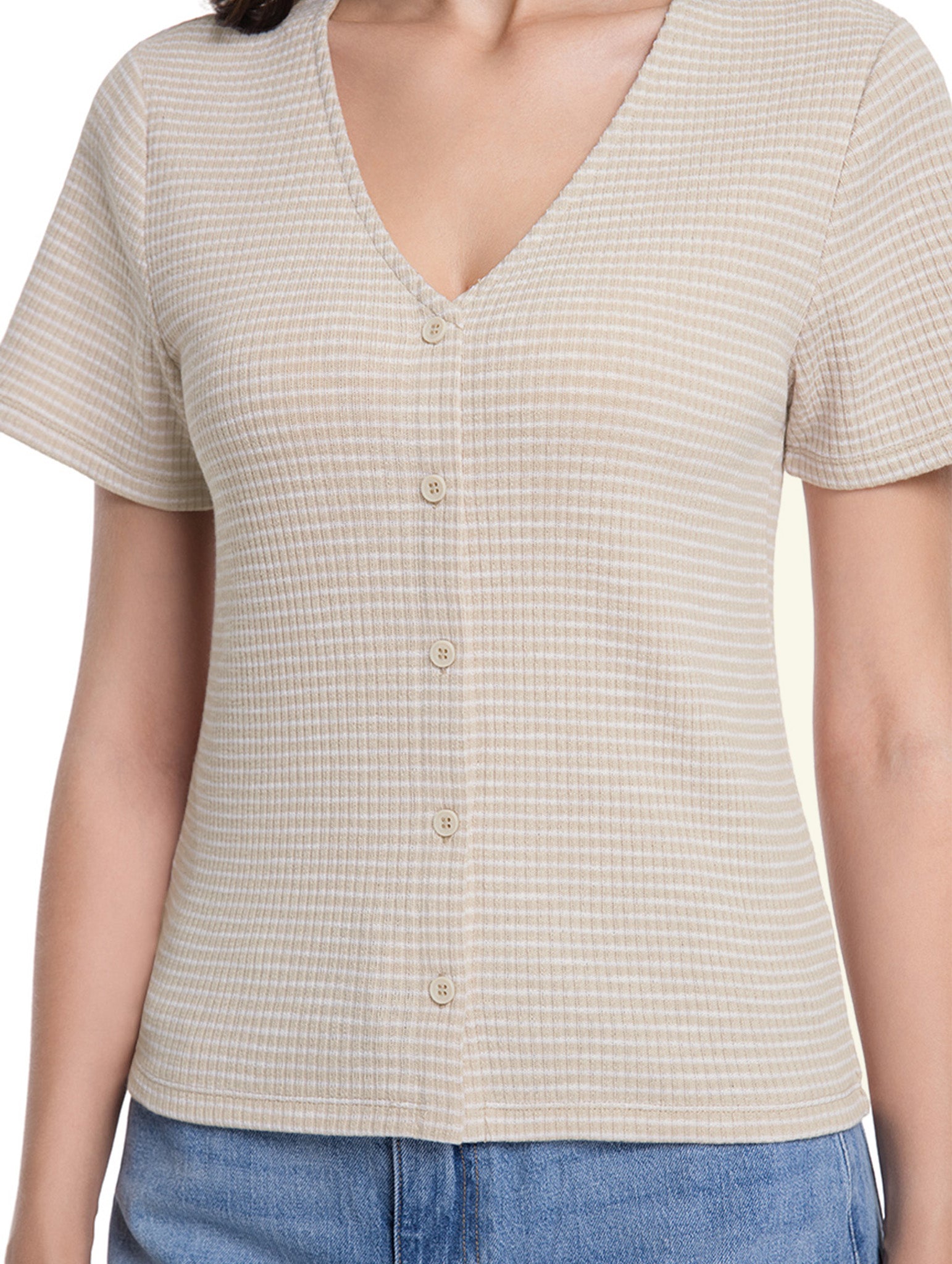 Jeanswest Women's Textured V-Neck Tee | WTO-18306 Short Sleeve Cotton Blend | Striped T-Shirt | Casual Friday