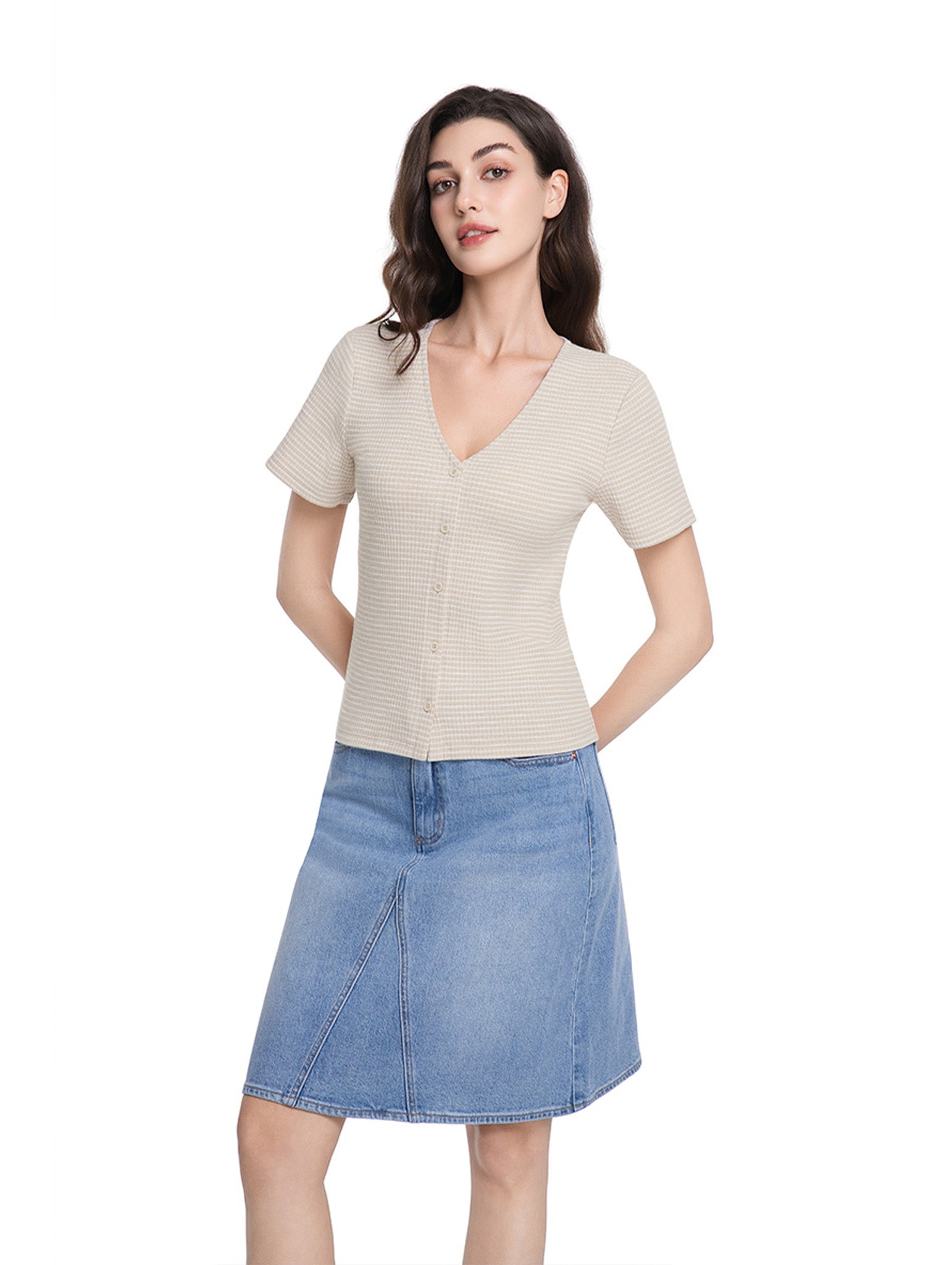 Jeanswest Women's Textured V-Neck Tee | WTO-18306 Short Sleeve Cotton Blend | Striped T-Shirt | Casual Friday