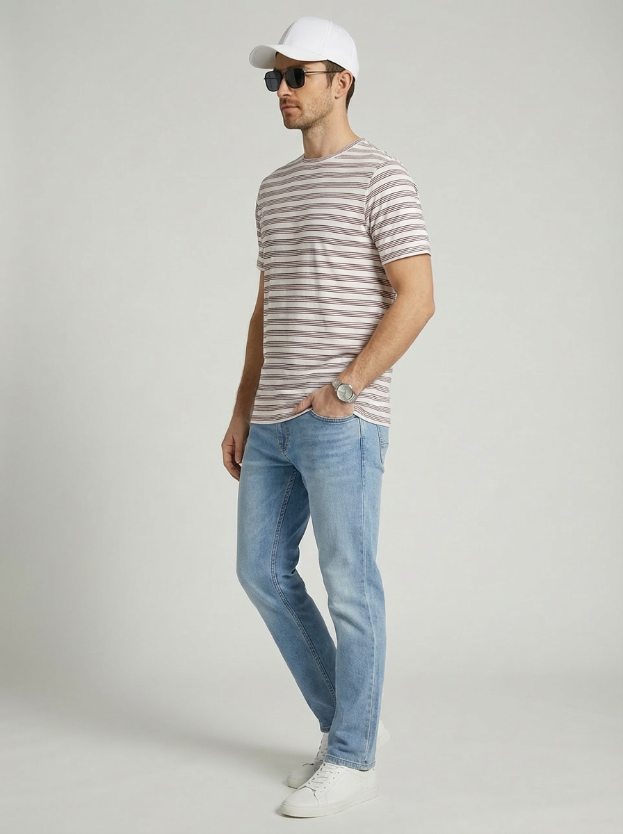 Jeanswest Men’s Everyday Outfit – Textured Stripe Tee + Slim Tapered Jeans