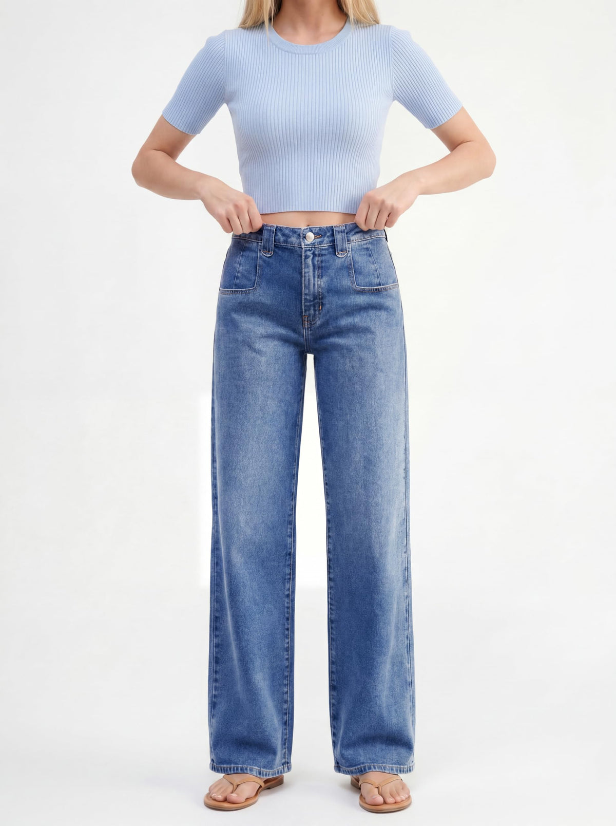Mid High Rise Baggy Straight Leg Denim Pants
