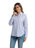 Jeanswest Women's Cotton Stripe Shirt |WSI-18416-01 Long Sleeve Button Down | Classic White Blue | Work Casual