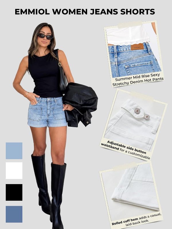 EMMIOL Women Jean Shorts Mid Rise Stretchy Summer Denim Shorts | Adjustable Waist,Cuffed Hem,Jean Shorts with Pockets,Stretch Soft Fabric,Going out,Daily Casual Wear,Back to School