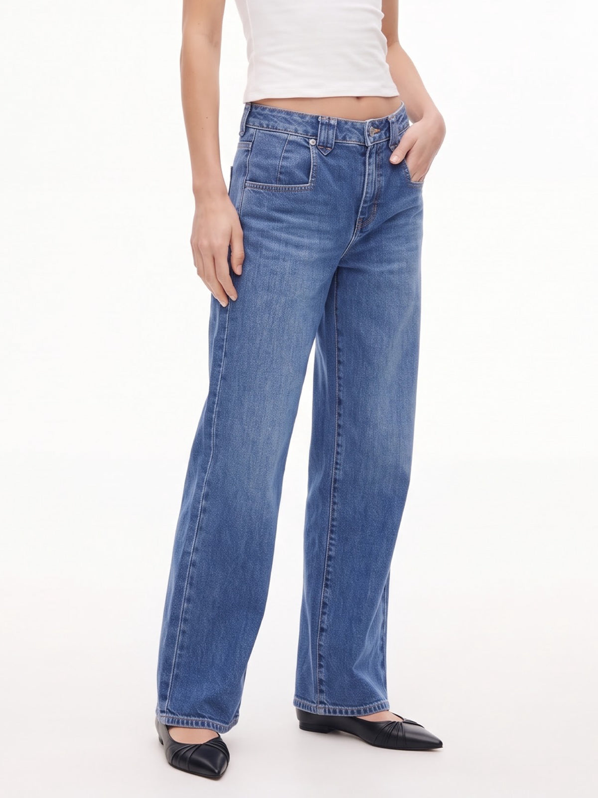 Mid High Rise Baggy Straight Leg Denim Pants
