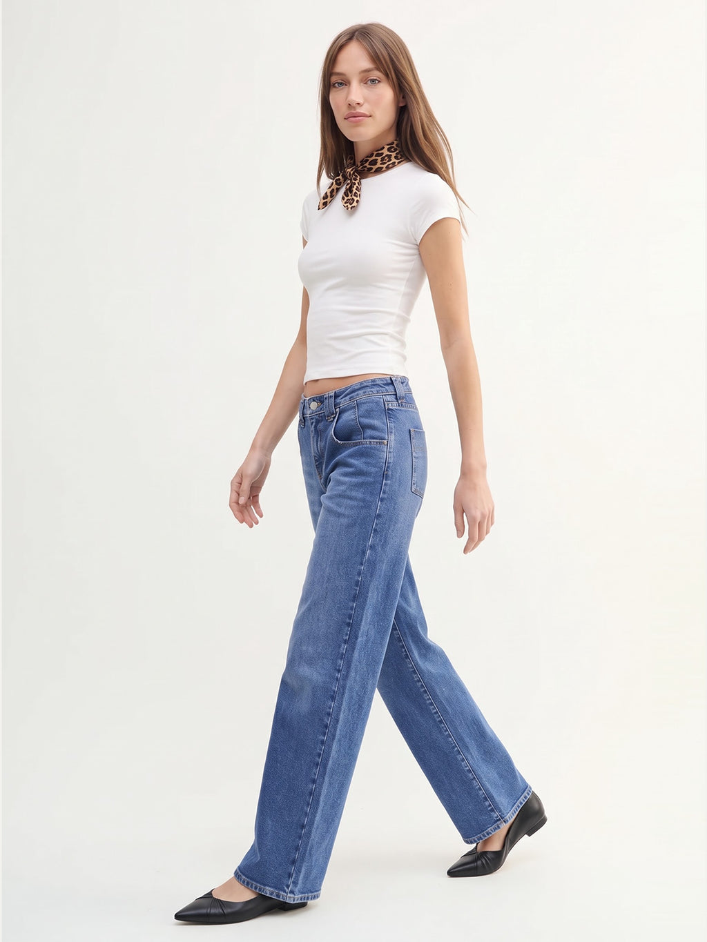 Mid High Rise Baggy Straight Leg Denim Pants