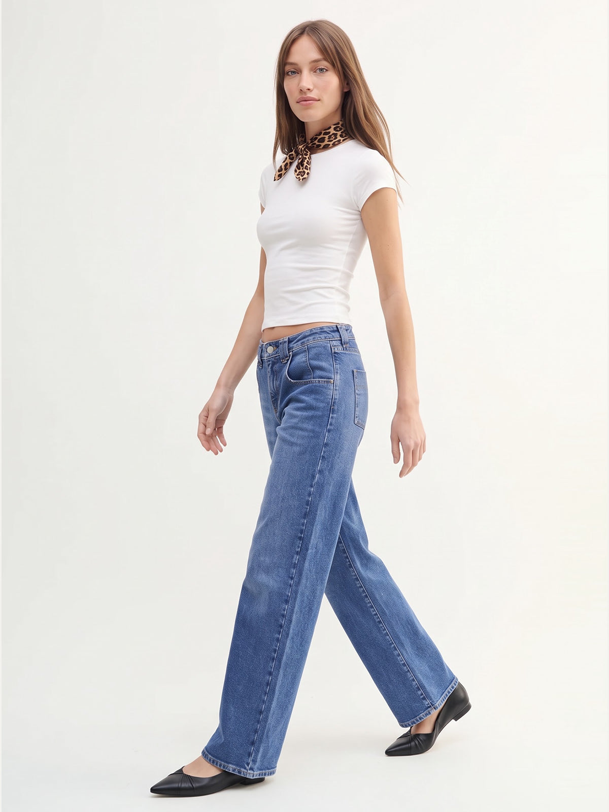 Mid High Rise Baggy Straight Leg Denim Pants