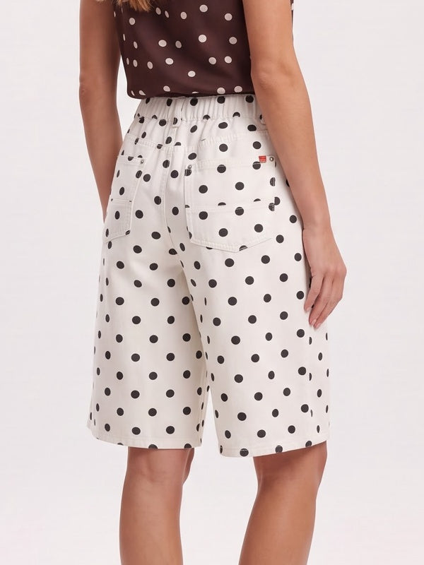 Women's Polka Dot Wide-Leg Bermuda Denim Shorts