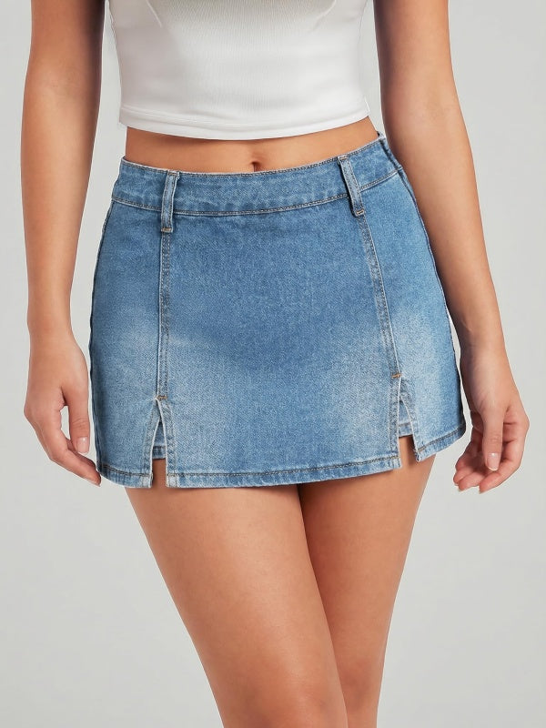 Mid Waisted Side Zipper Denim Skort