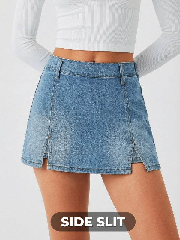Mid Waisted Side Zipper Denim Skort