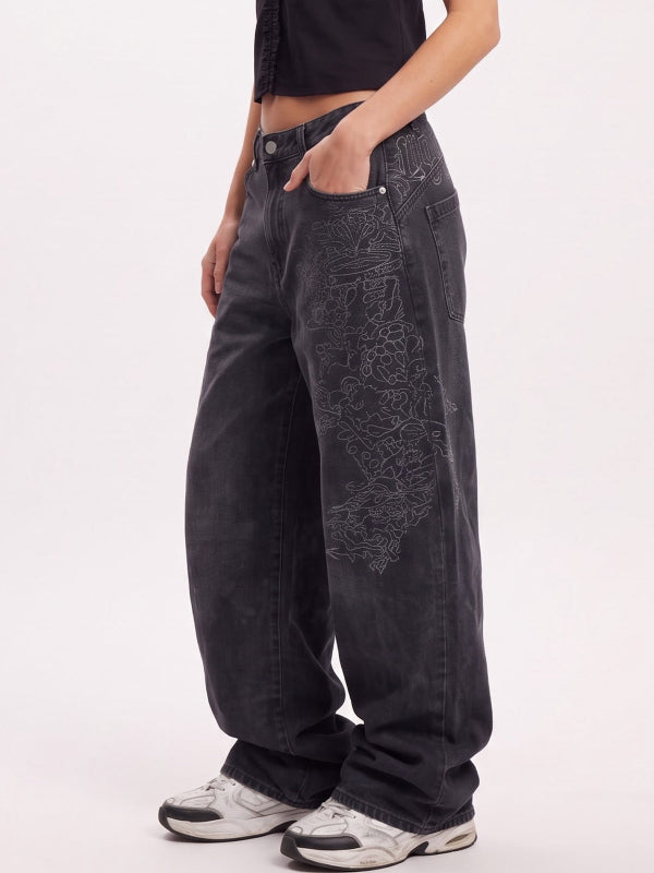Women's Retro Embroidered Baggy Jeans